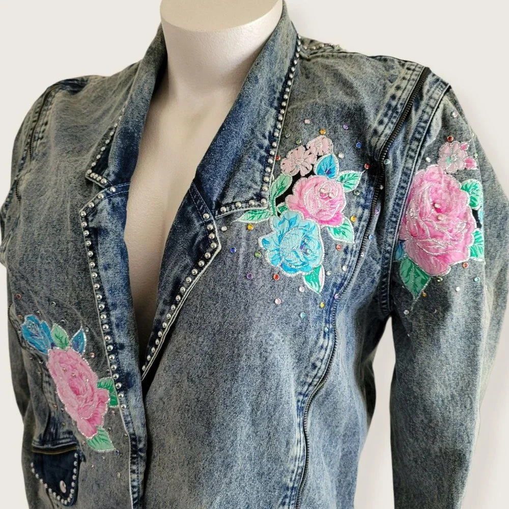 Vintage Embroidered Long Denim Jacket Blazer Zip Accent Woman's Size XL LH8009 - Picture 3 of 14